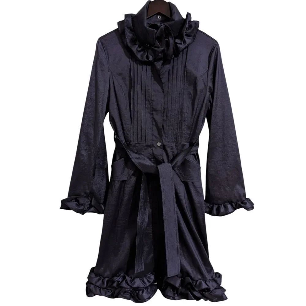 Belle Fare Purple Ruffled Trench Coat Belted with Leopard Lining Women's Medium